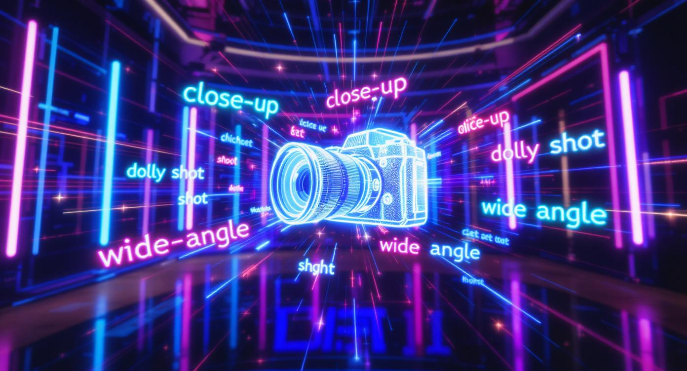 홀로그램 카메라 인터페이스, Hailuo 2.3 AI 영상 생성기의 영화적 제어를 나타냄.