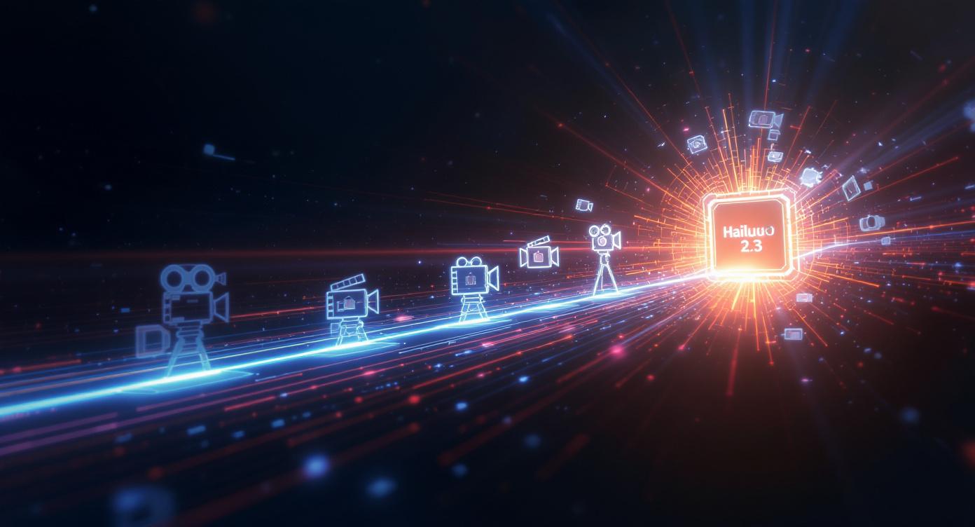 Hailuo 2.3 AI 영상 생성기의 진화 타임라인, 영화 혁신과 첨단 AI 영화 제작 도구의 부상을 보여줌.