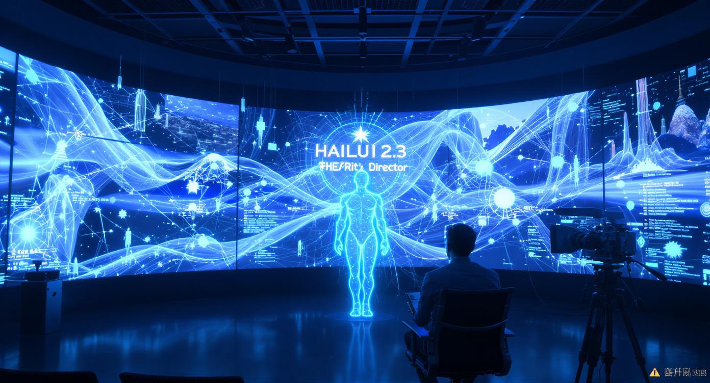 미래지향적 디지털 스튜디오, Hailuo 2.3 AI 영상 생성기 및 차세대 영화 AI 창작의 새벽을 나타냄.