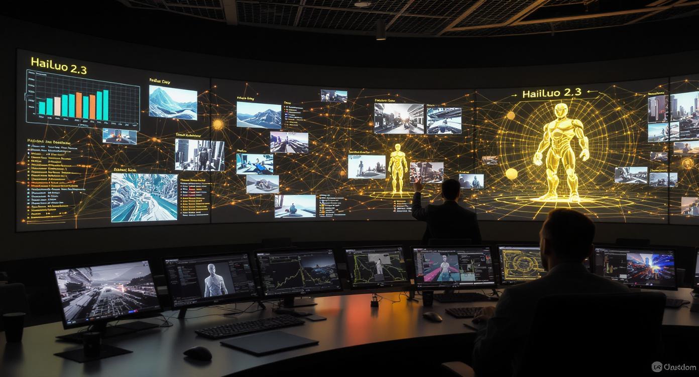 3D 홀로그램 비교 차트, Hailuo 2.3 AI 영상 생성기와 기타 모델들의 성능 시각화.