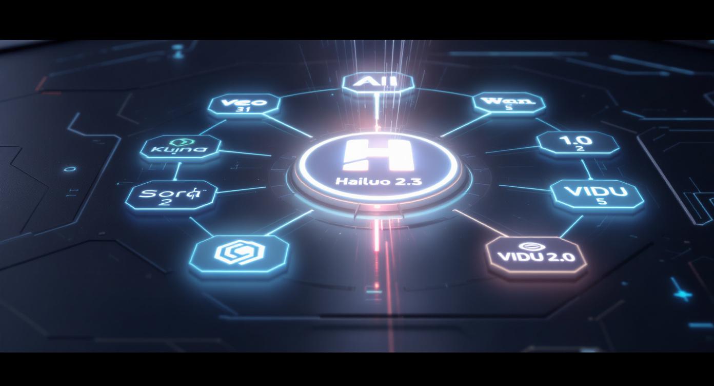 Hailuo 2.3 AI 영상 생성기와 Veo 3.1, Kling 2.5, Wan 2.5, Sora 2 AI 간 성능 비교 차트.
