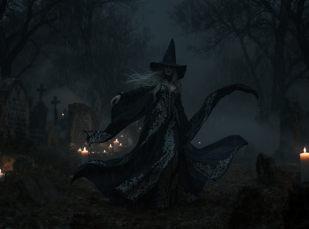 AI Video Generator Scene – Gothic Witch in Candlelit Graveyard