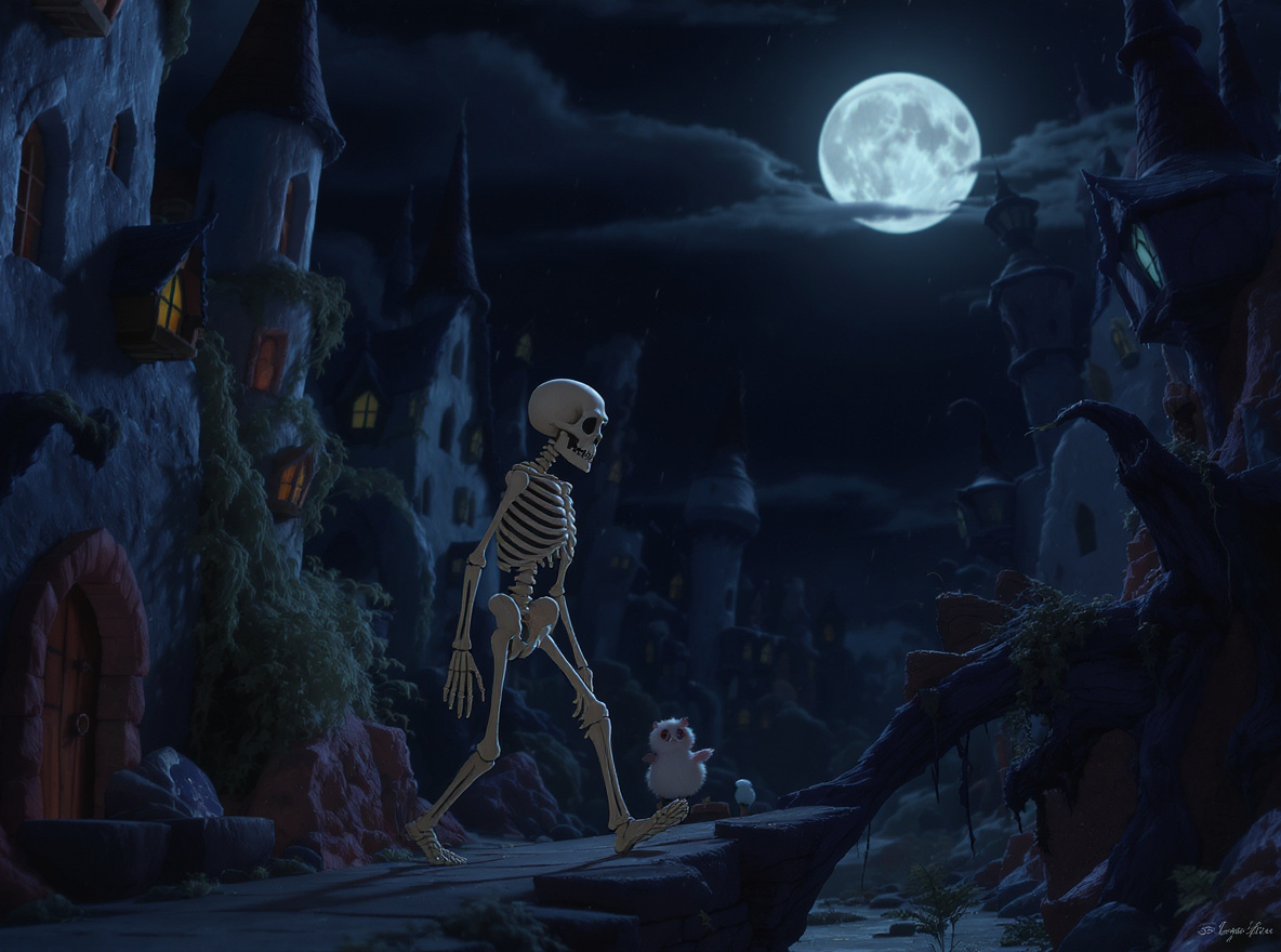 AI Video Generator Scene – Burton Skeleton Walking Under Moonlight