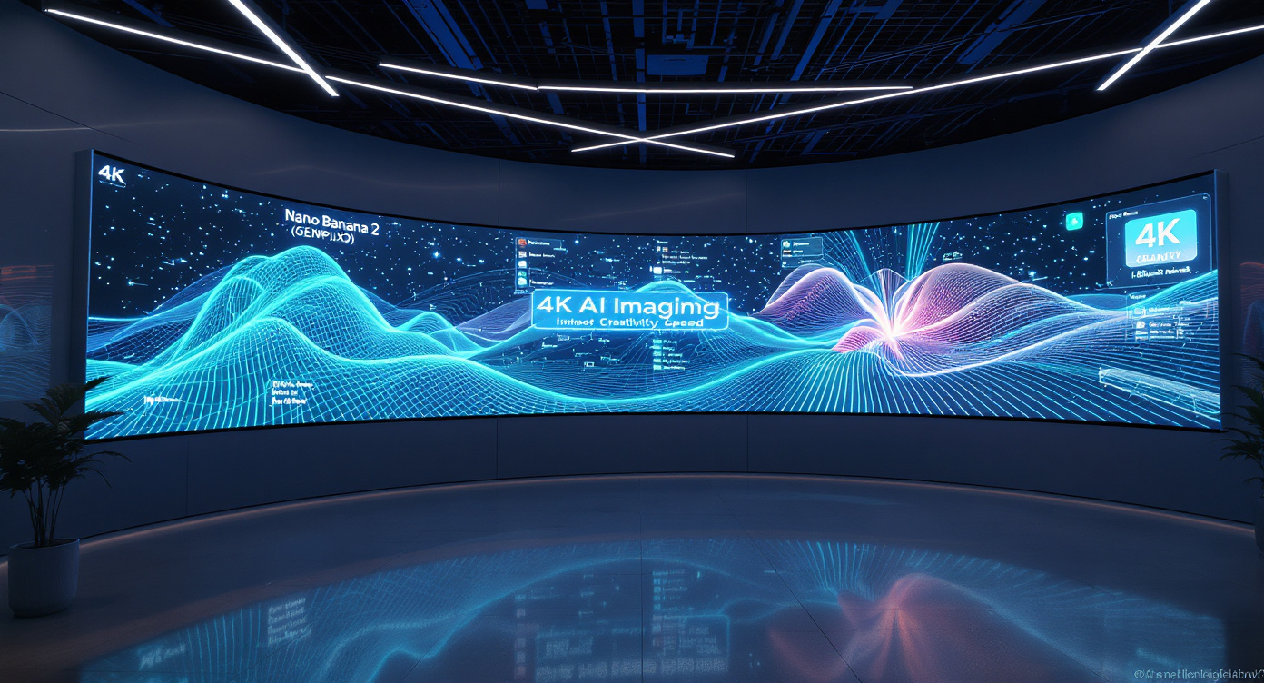 Estúdio de design futurista mostrando a geração de nano banana 2 4k ai image com visuais holográficos